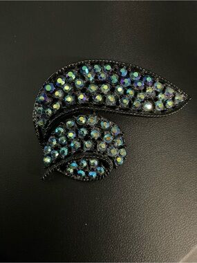 1960s style leaf brooch black enamel and iridescent Aurora Borealis stones 2463